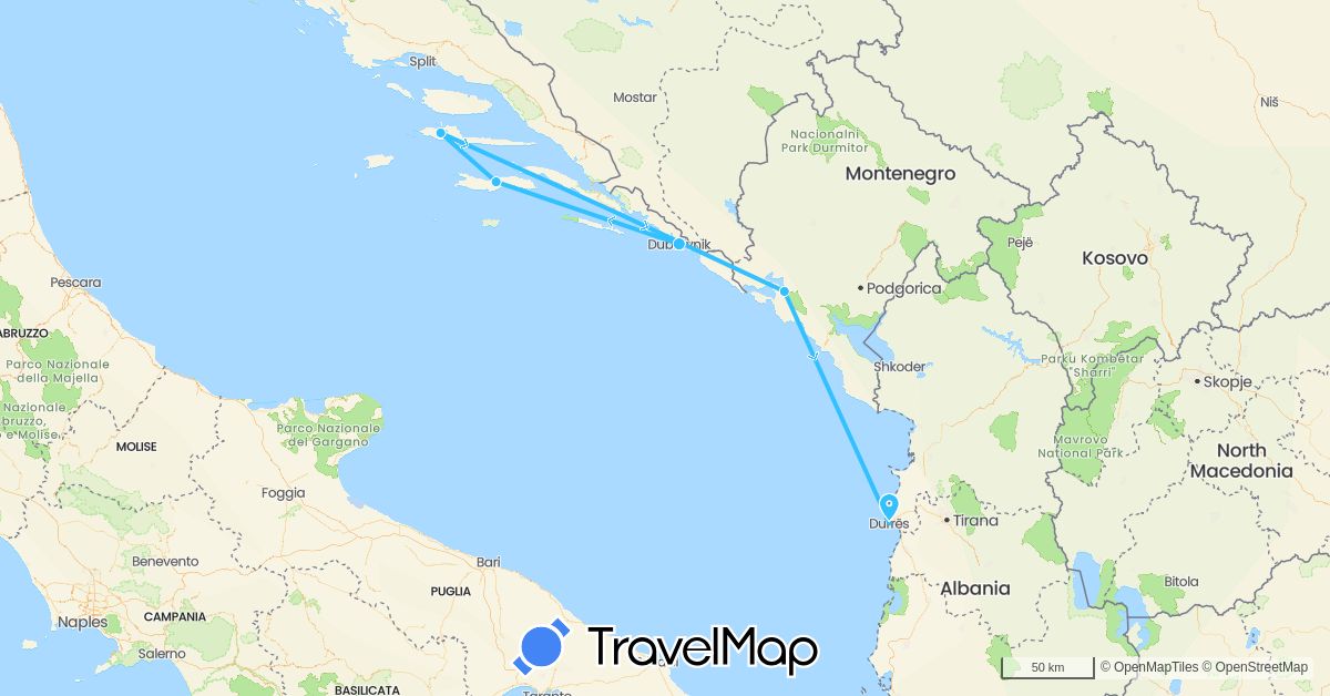 TravelMap itinerary: driving, boat in Albania, Croatia, Montenegro (Europe)